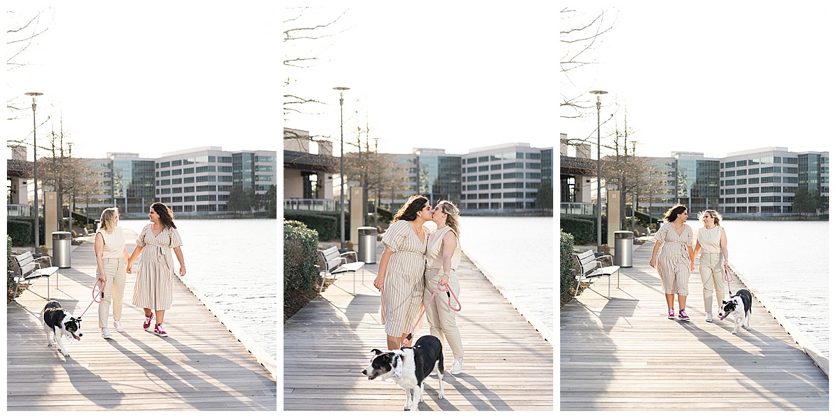 Two women smile and walk hand in hand for WG Jones Park Engagement Session 