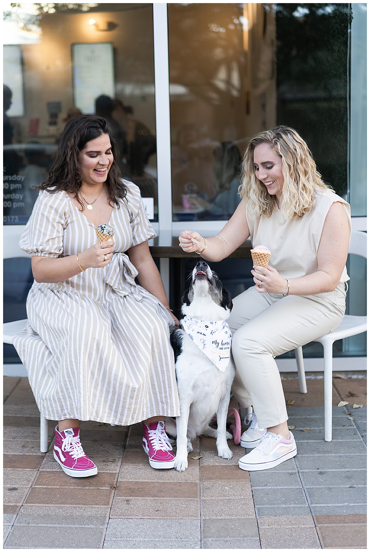 Two women share ice cream with one another for WG Jones Park Engagement Session 