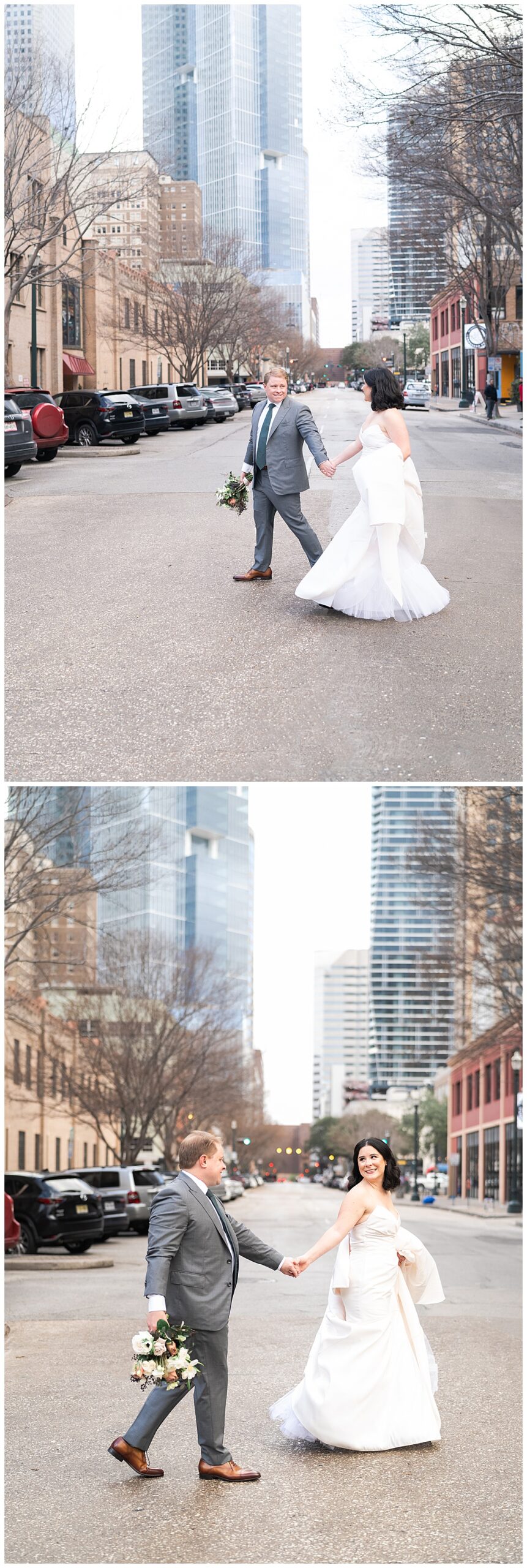 Couple walks down the street together for Swish & Click Photography