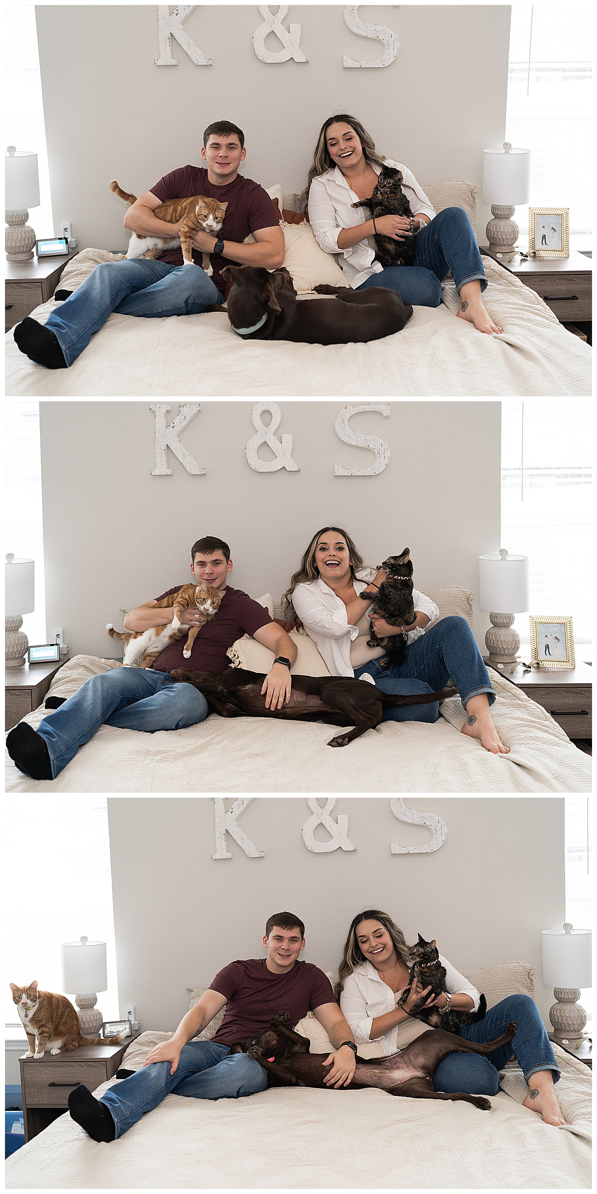 Man and woman sit on bed with bed for At-Home Engagement Photos