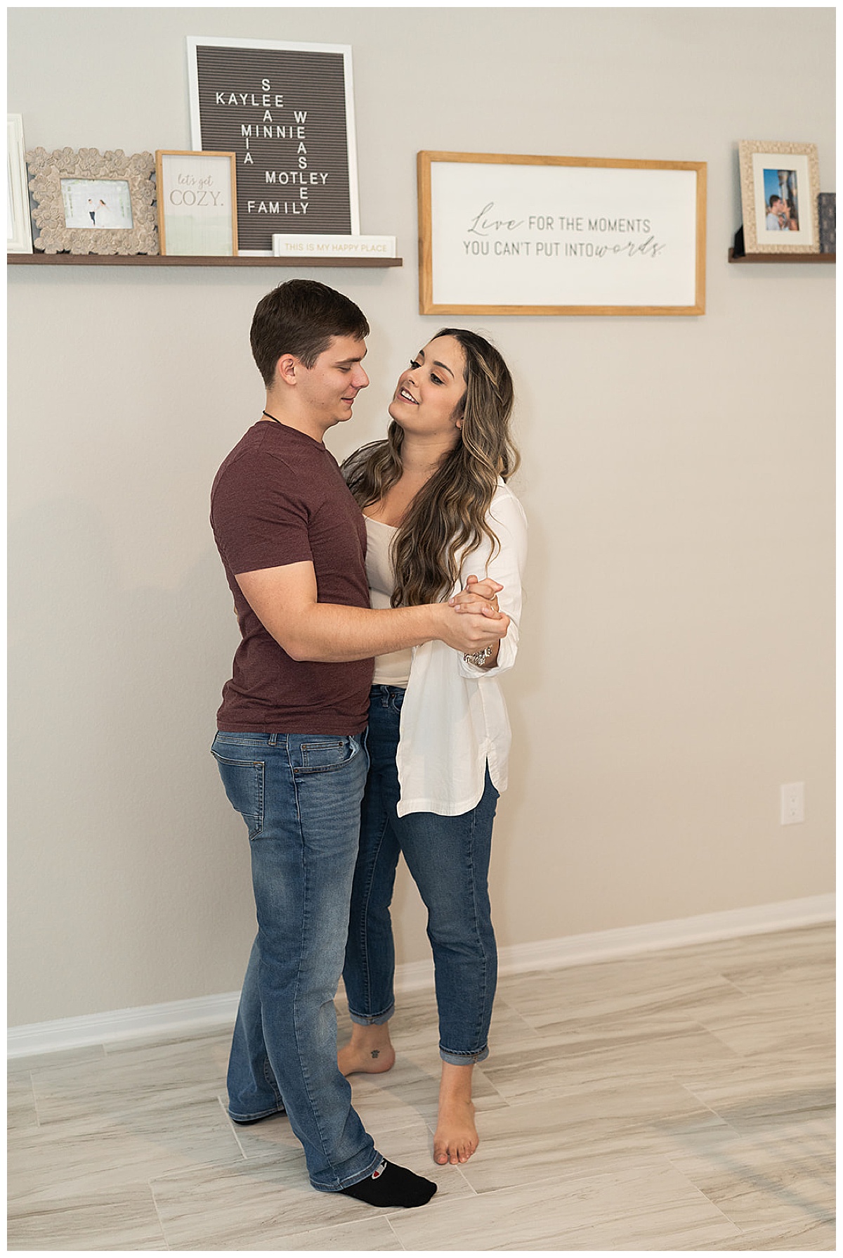 Engaged couple dance together for At-Home Engagement Photos