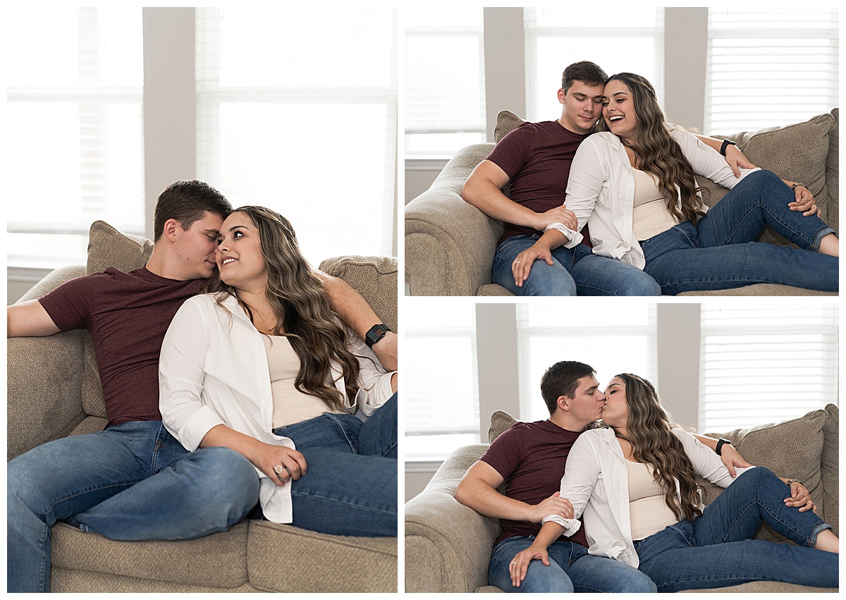 Man and woman hold one another for At-Home Engagement Photos