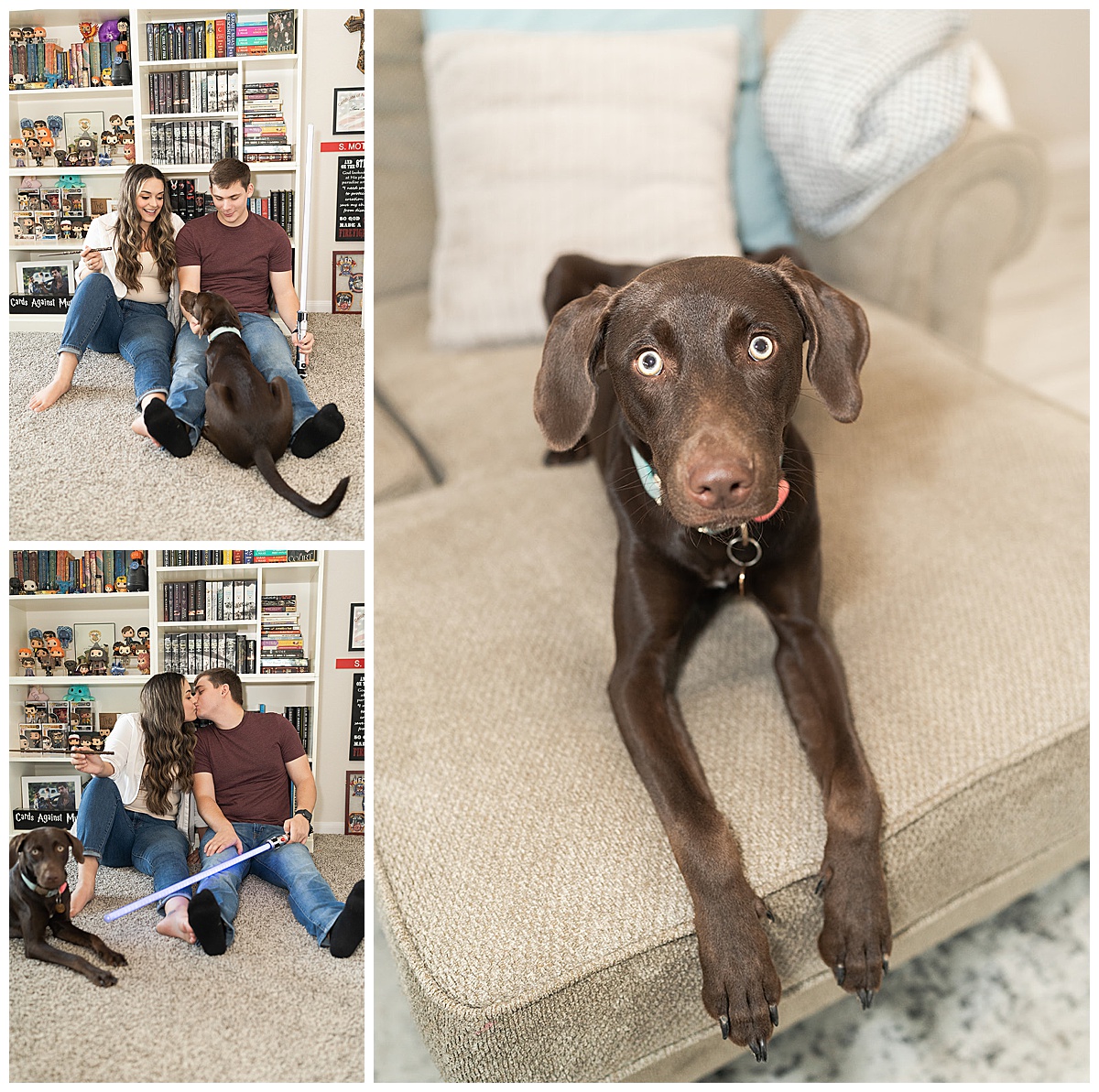 Dog sits with parents for At-Home Engagement Photos
