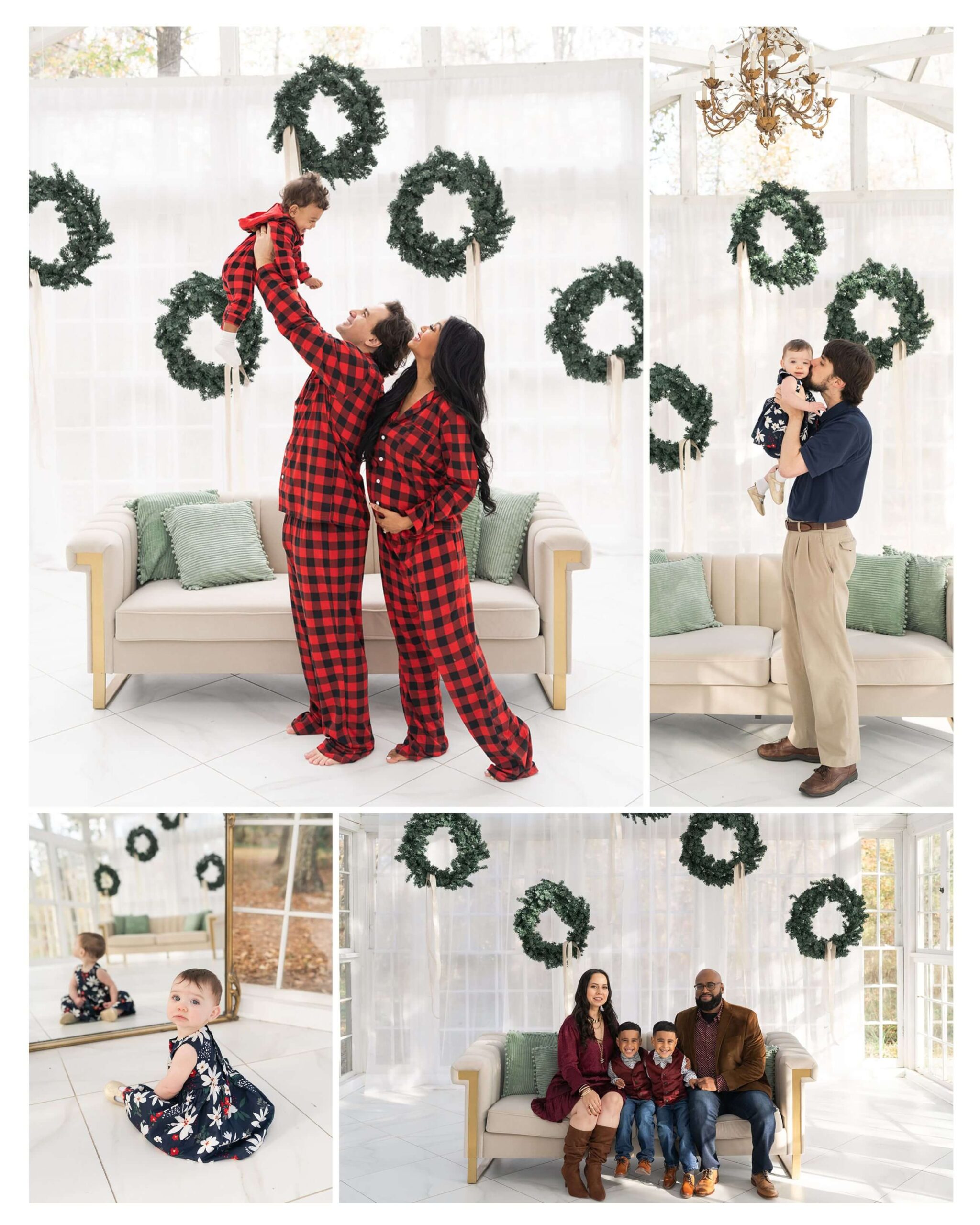 mom and dad love on their baby during their Christmas mini session at the Oak Atelier in Houston Texas by Swish and Click Photography 