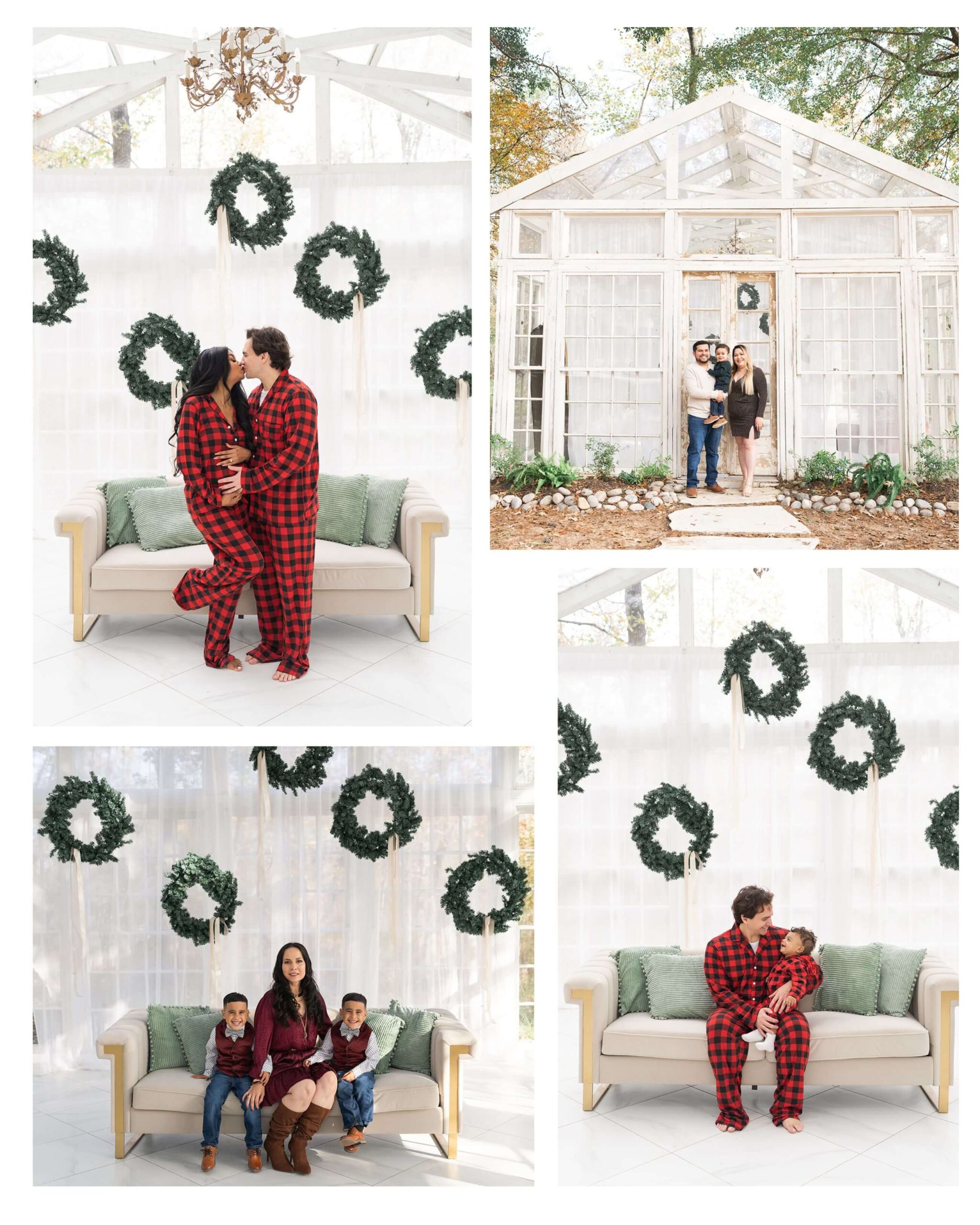 a couple kisses during their Christmas mini session at the Oak Atelier in Houston Texas by Swish and Click Photography 