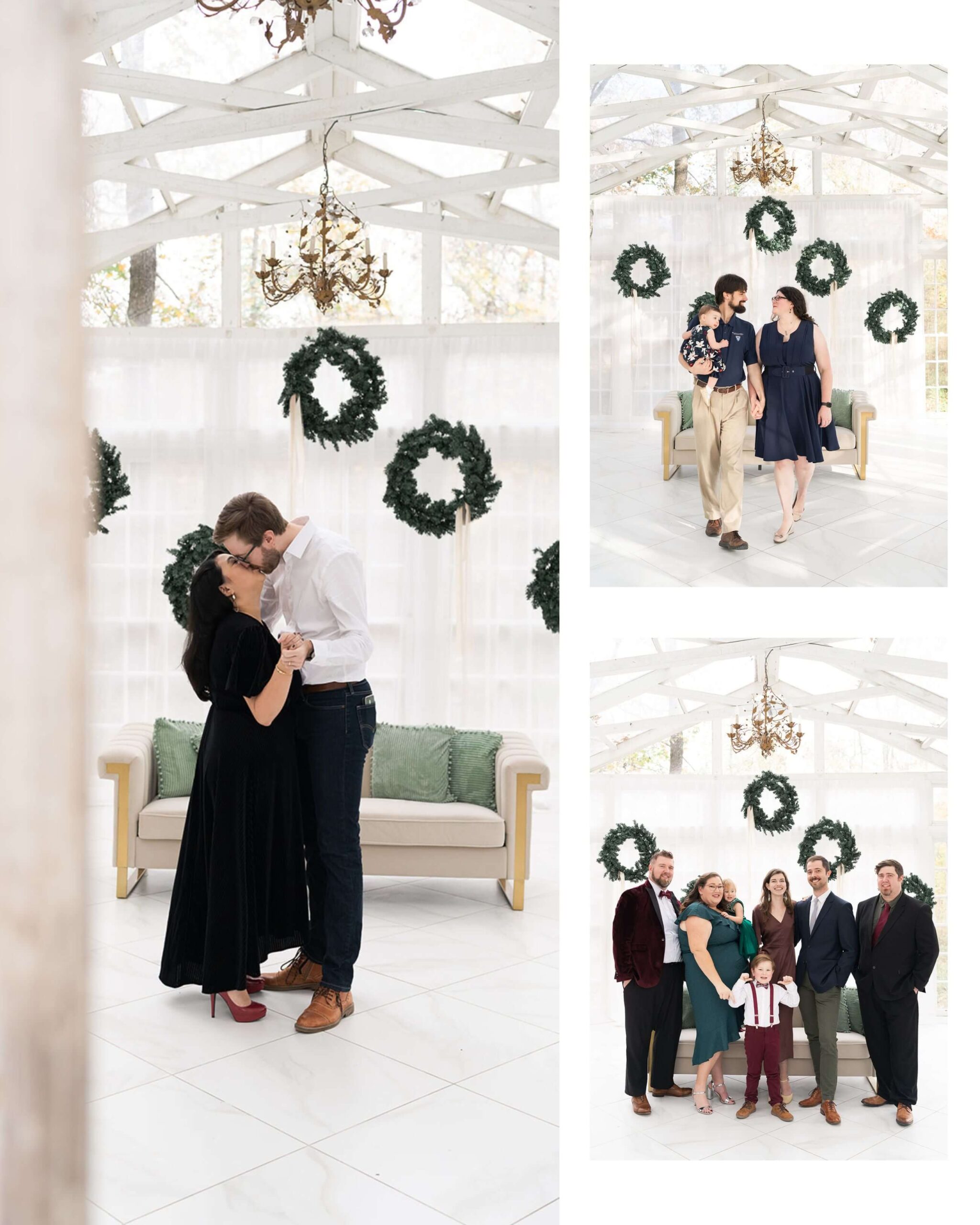 an extended family poses during their Christmas mini session at the Oak Atelier in Houston Texas by Swish and Click Photography 