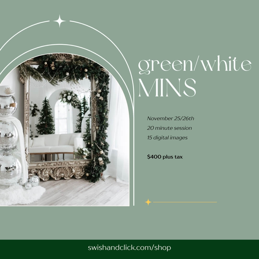 green and white christmas mini session at muse manor