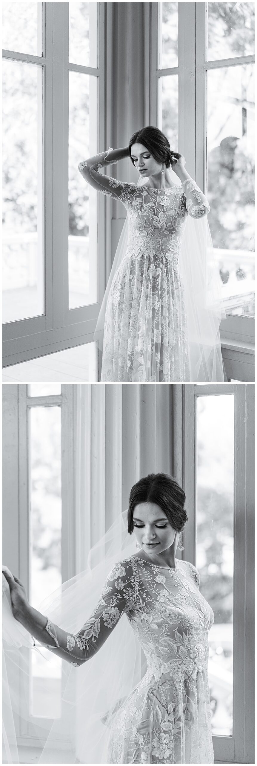 Woman stands in front of window in bridal gown for Swish & Click Photography