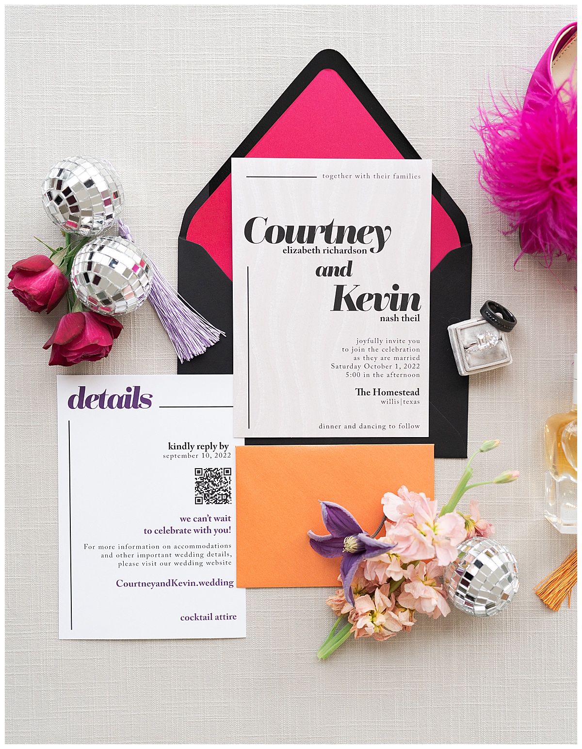 Bright, bold, and funky wedding invitation suite for Lisa Frank Disco Editorial