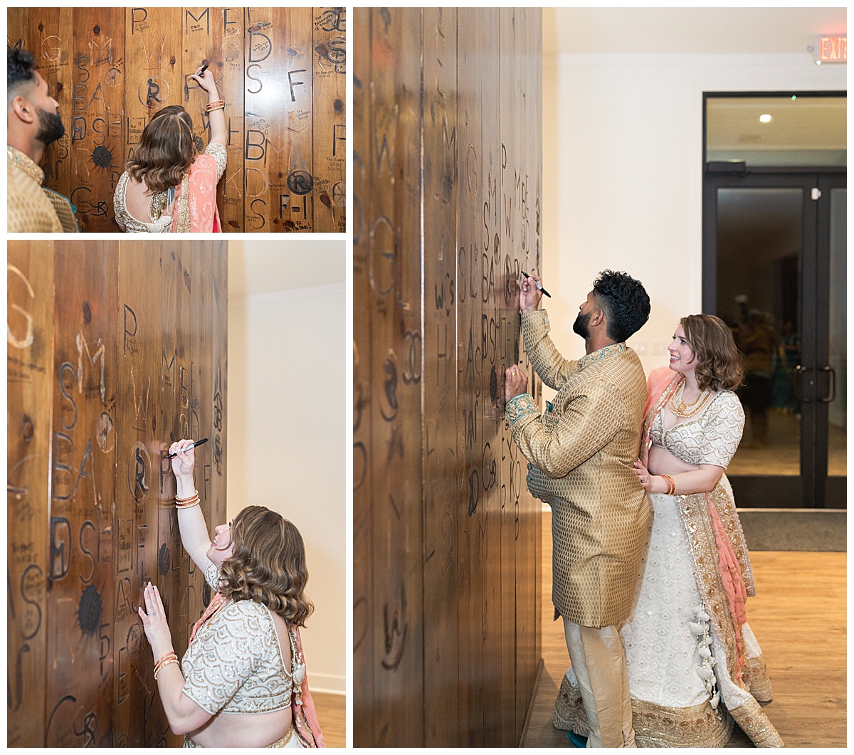 Bride and groom sign their name on branding wall for Swish & Click Photography