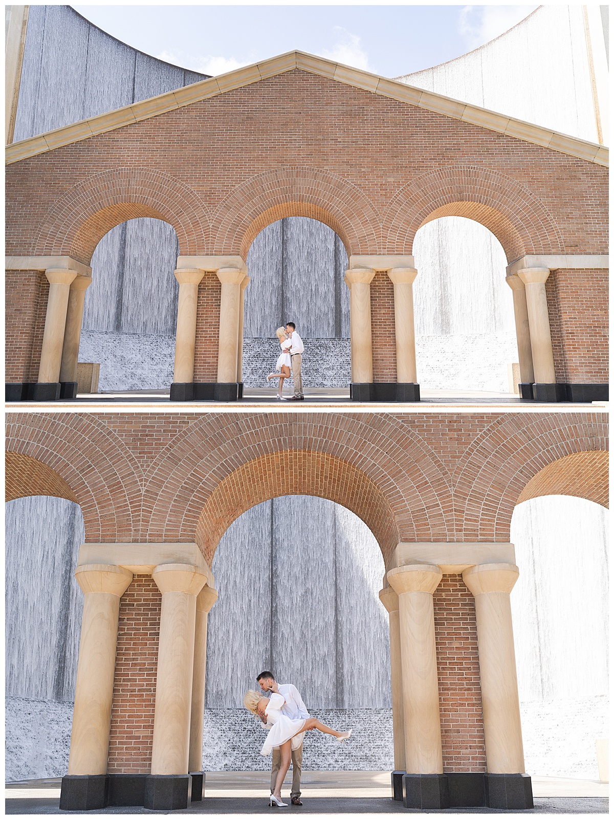 Couple dance near the Waterwall before thier Downtown Houston Rooftop Engagement Session