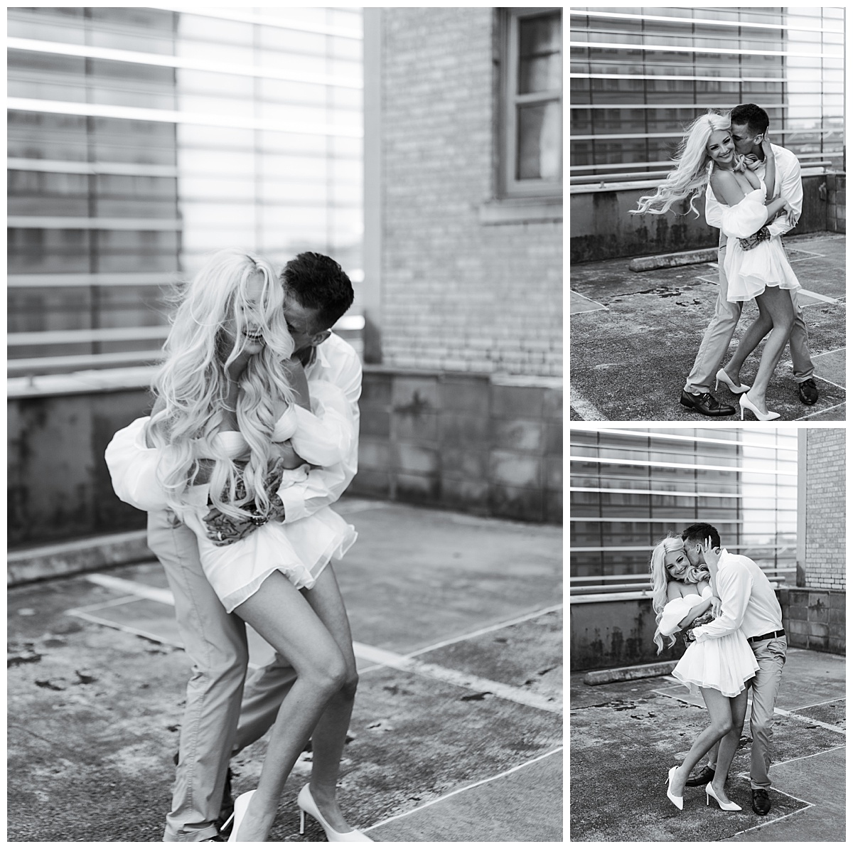 Couple act playful together for Downtown Houston Rooftop Engagement Session