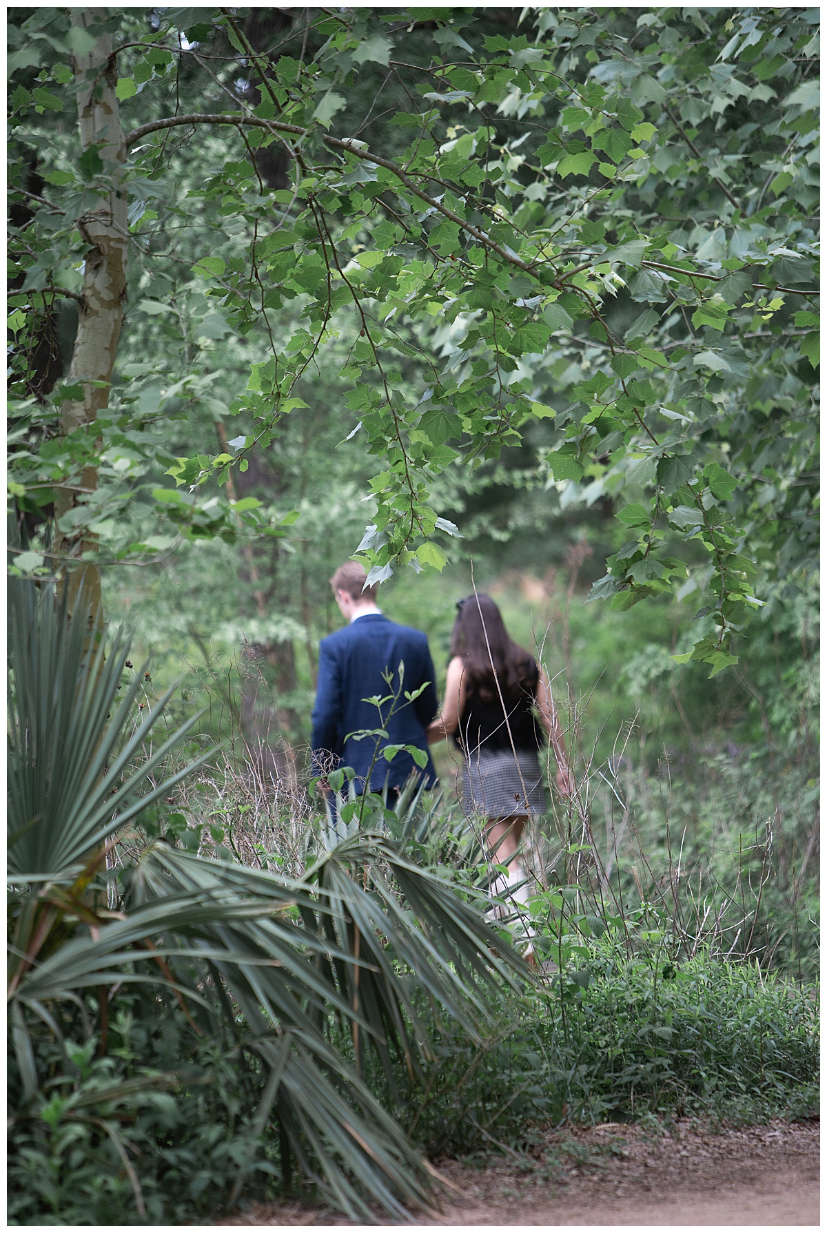 Couple walk together before Surprise Proposal at the Houston Arboretum