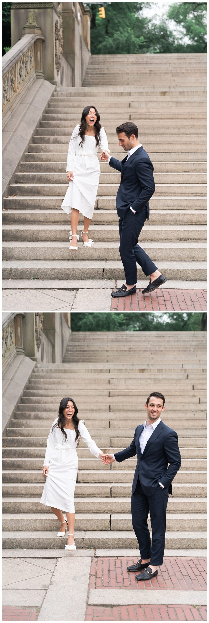 Couple walk down the stairs together during their Destination Engagement Session