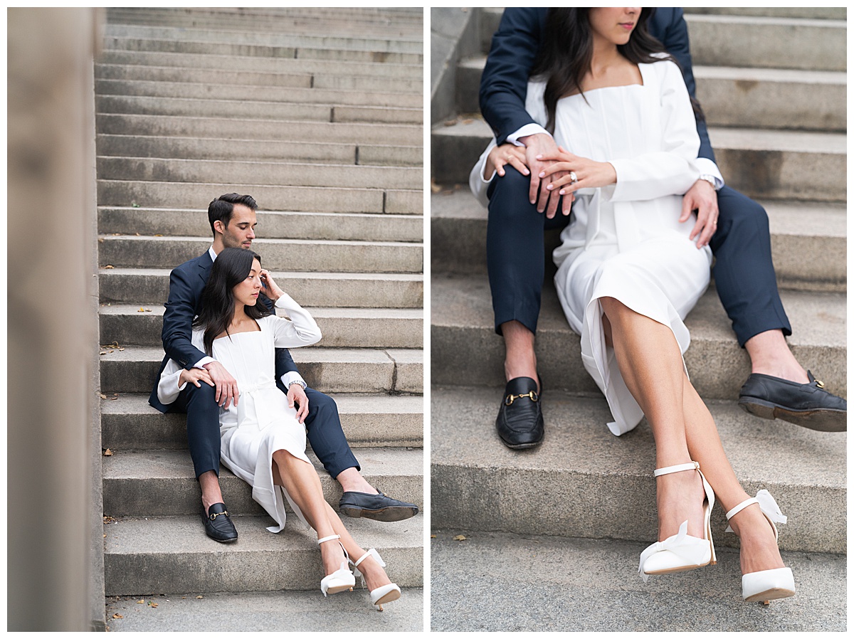Coupe sit on stairs together for their Destination Engagement Session