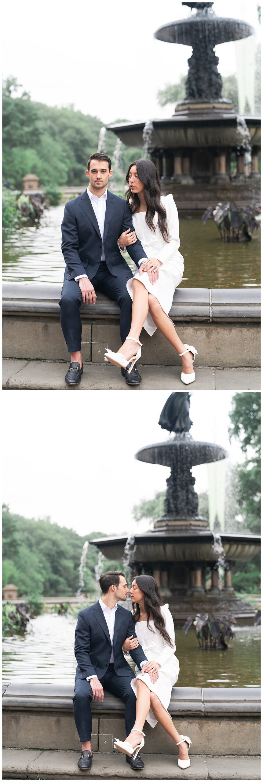 Man and woman sit near a fountain for Destination Engagement Session