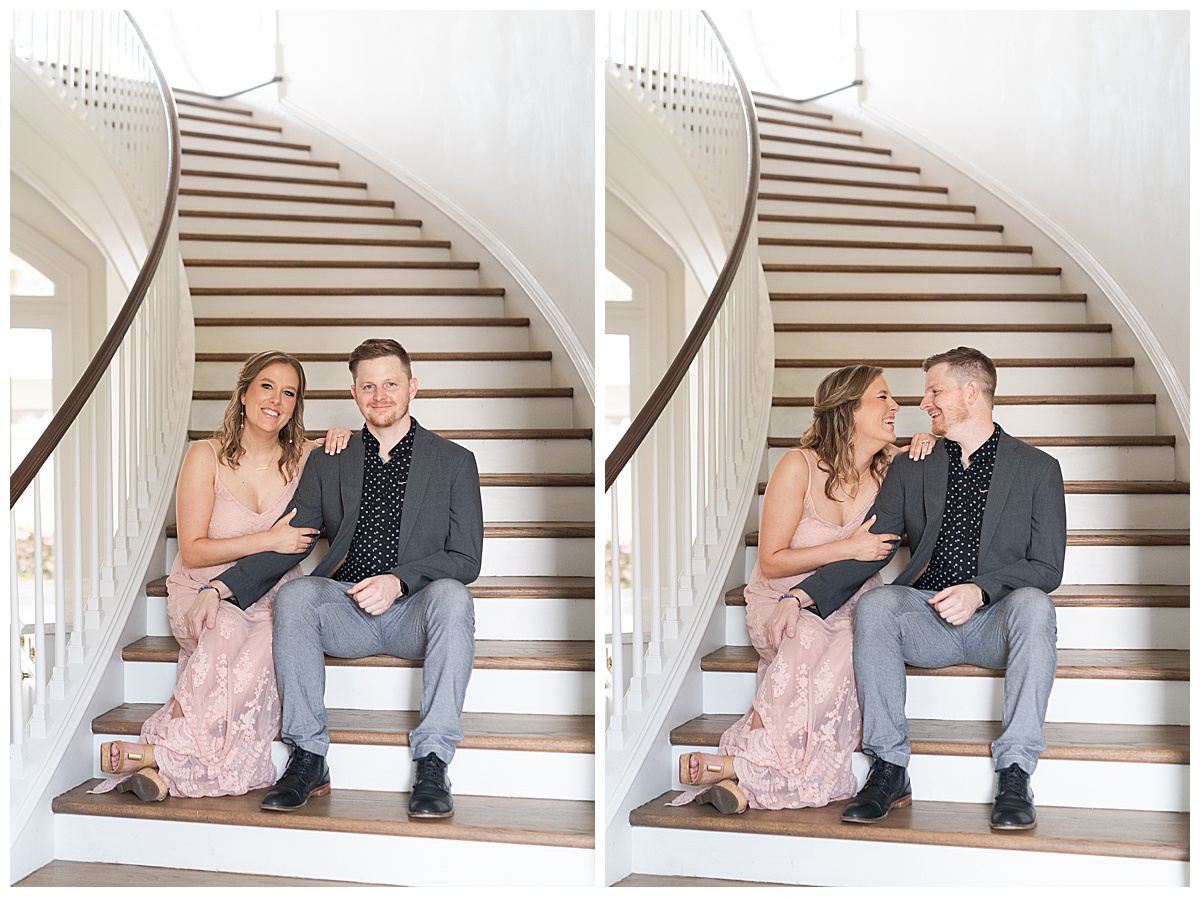 couple sit on the stairs together during Houston Engagement session