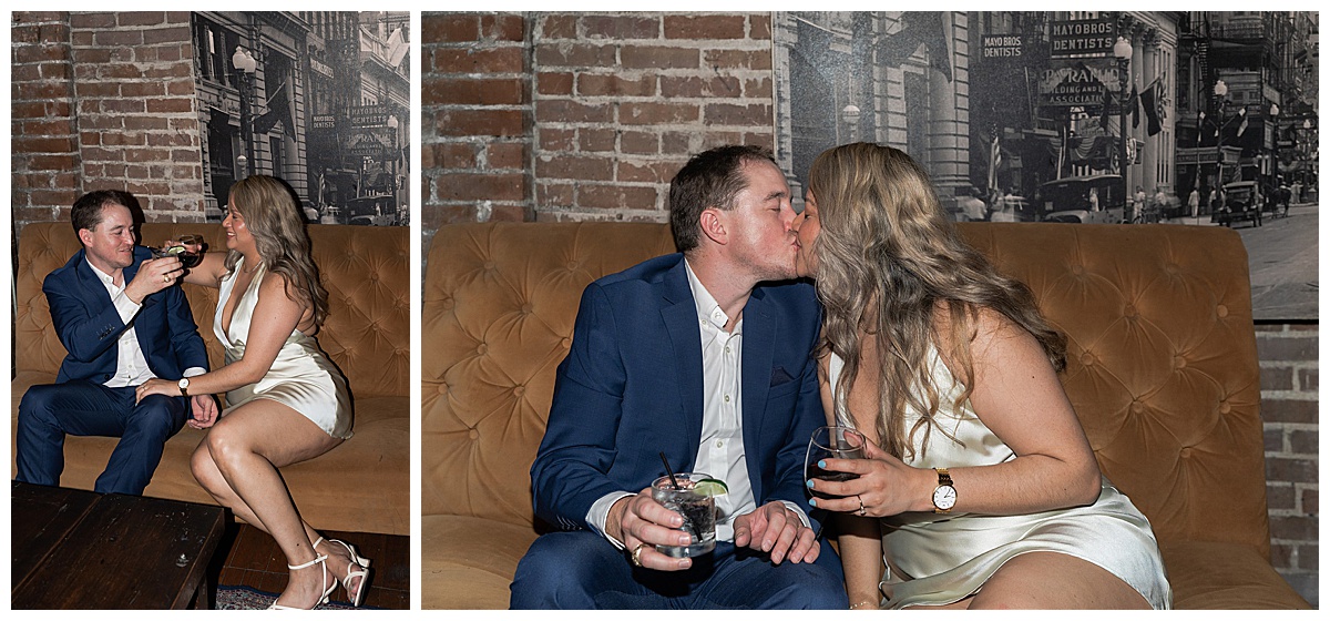 Couple share a kiss and drinks for Swish & Click Photography