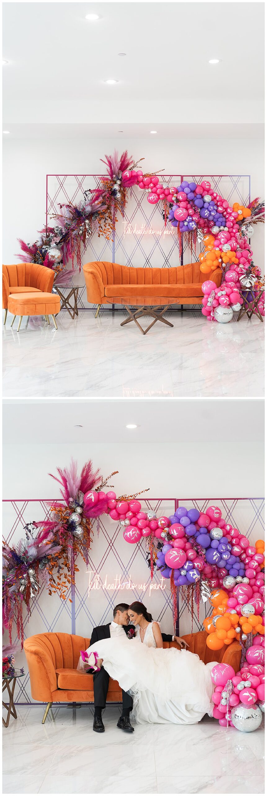 Couple sit together on bright orange couch surrounded by colorful floral installations and decor at The Homestead