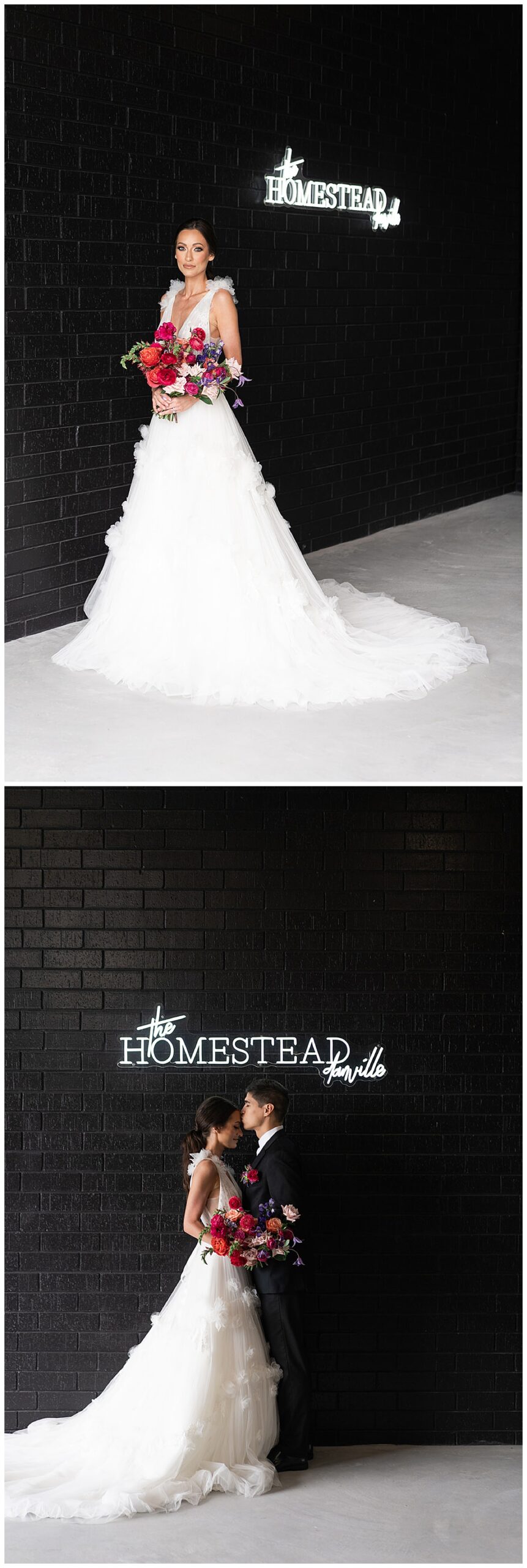 Woman in bridal gown stands outside black wall at The Homestead