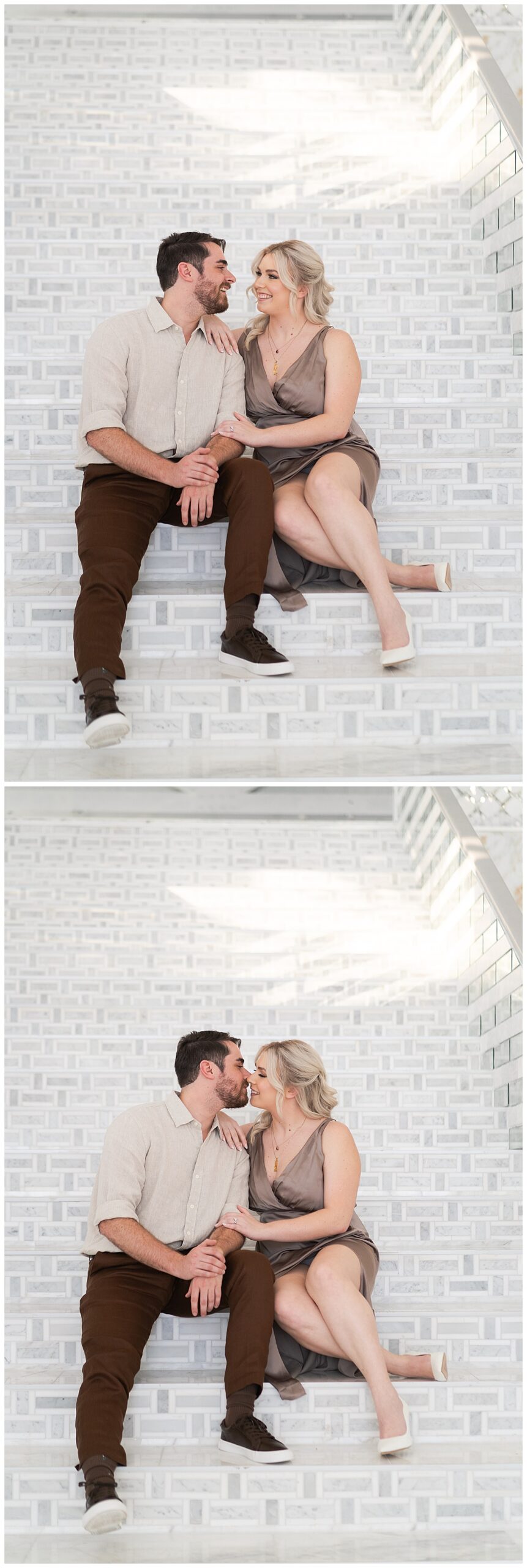 Couple cuddle in close together while sitting down for Swish & Click Photography