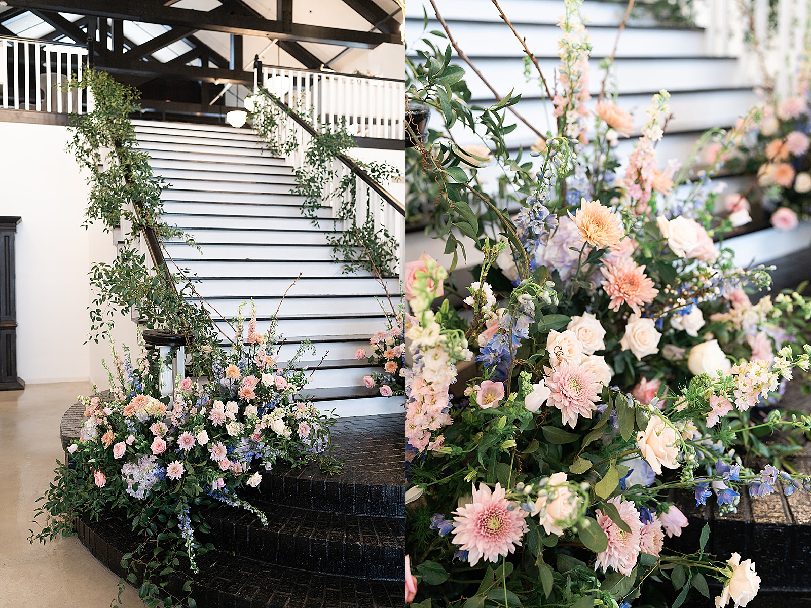 Stunning cool-toned floral installation on a staircase by Amanda Bee’s Floral Design