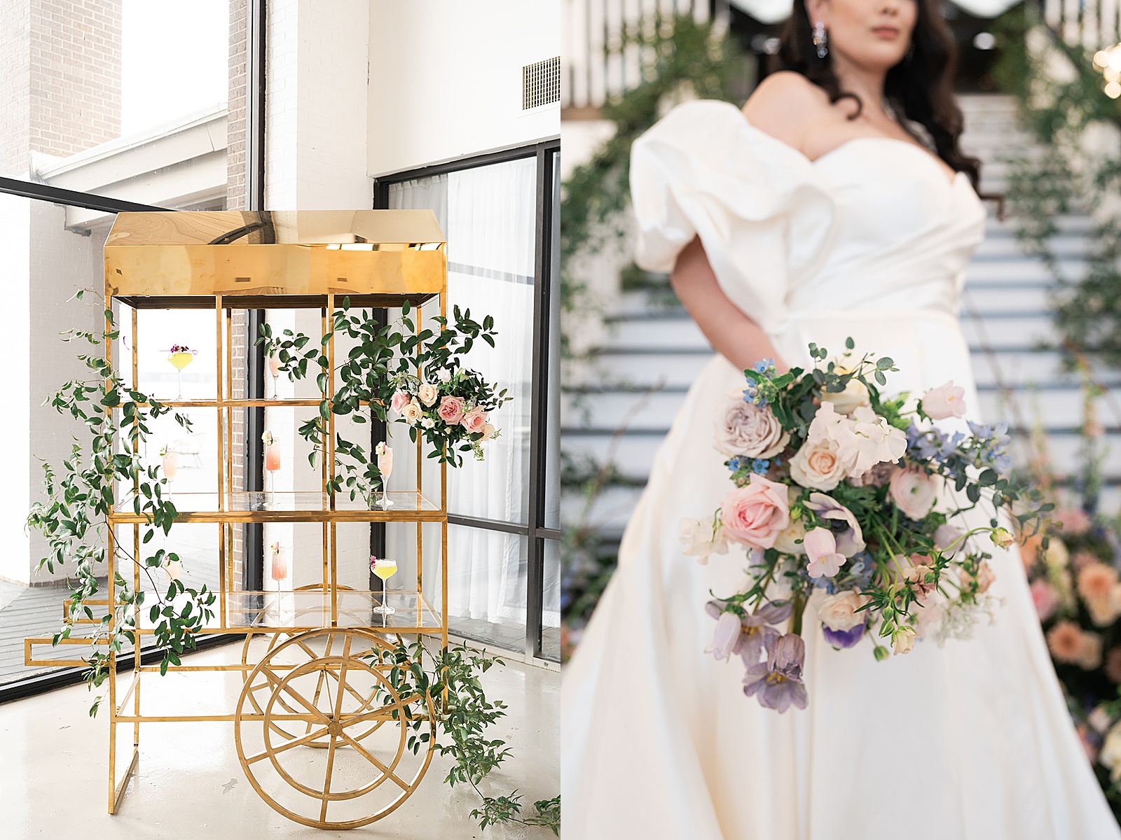 Neutral color floral installs and bouquet by Swish & Click Photography