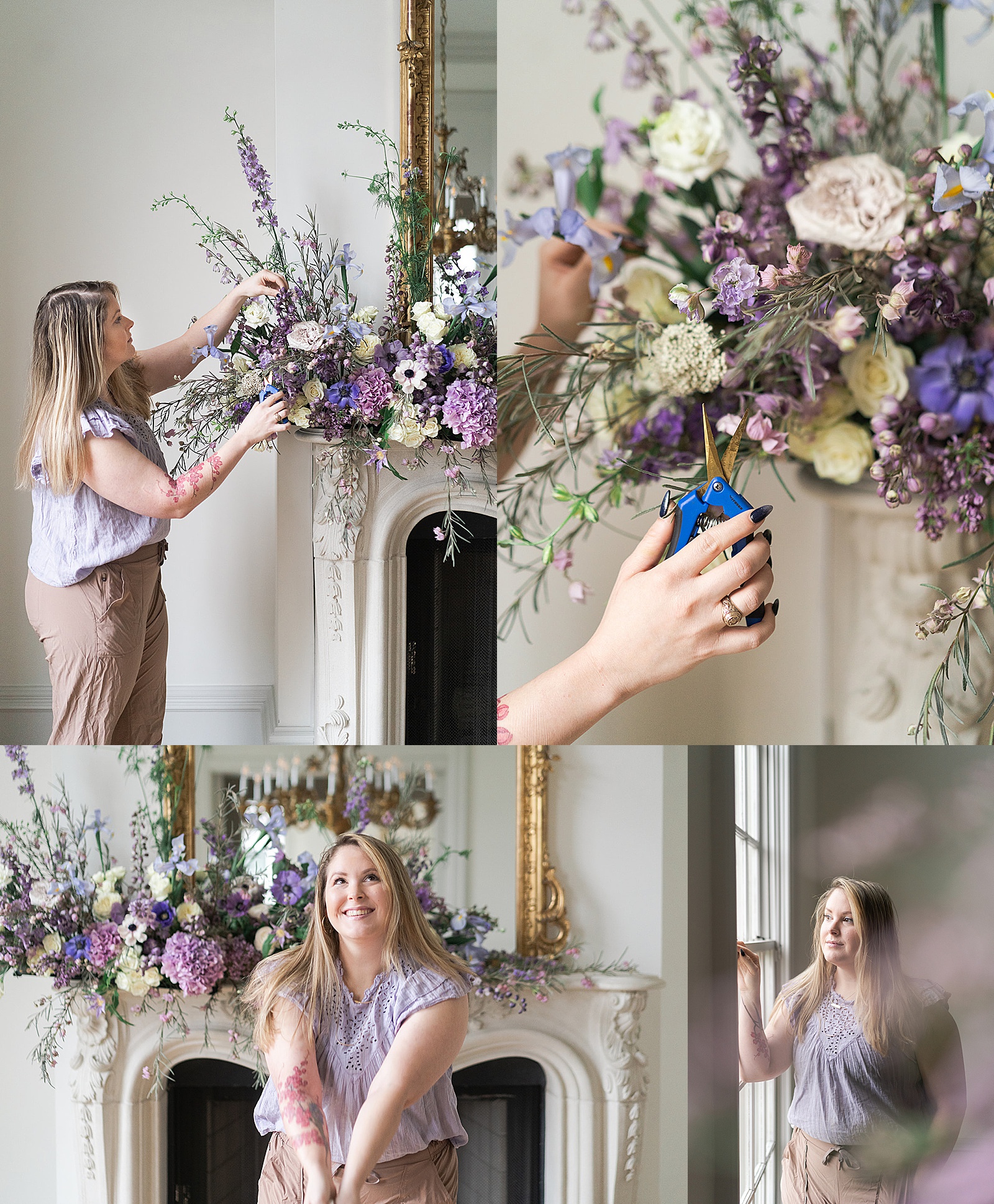 Woman works to install floral bouquets by Amanda Bee’s Floral Design
