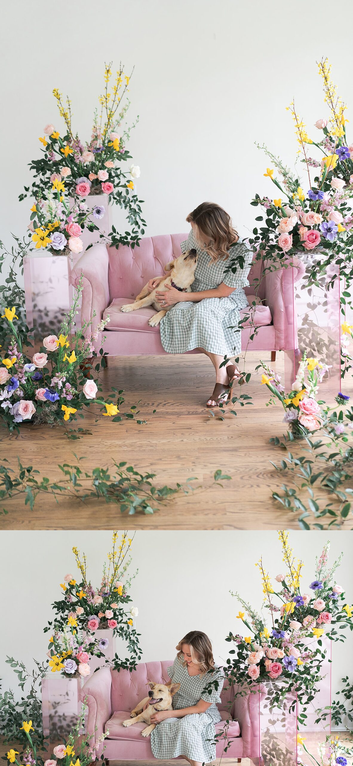 Spring inspired floral installations perfectly compliment pink couch the woman and her dog are sitting on by Swish & Click Photography