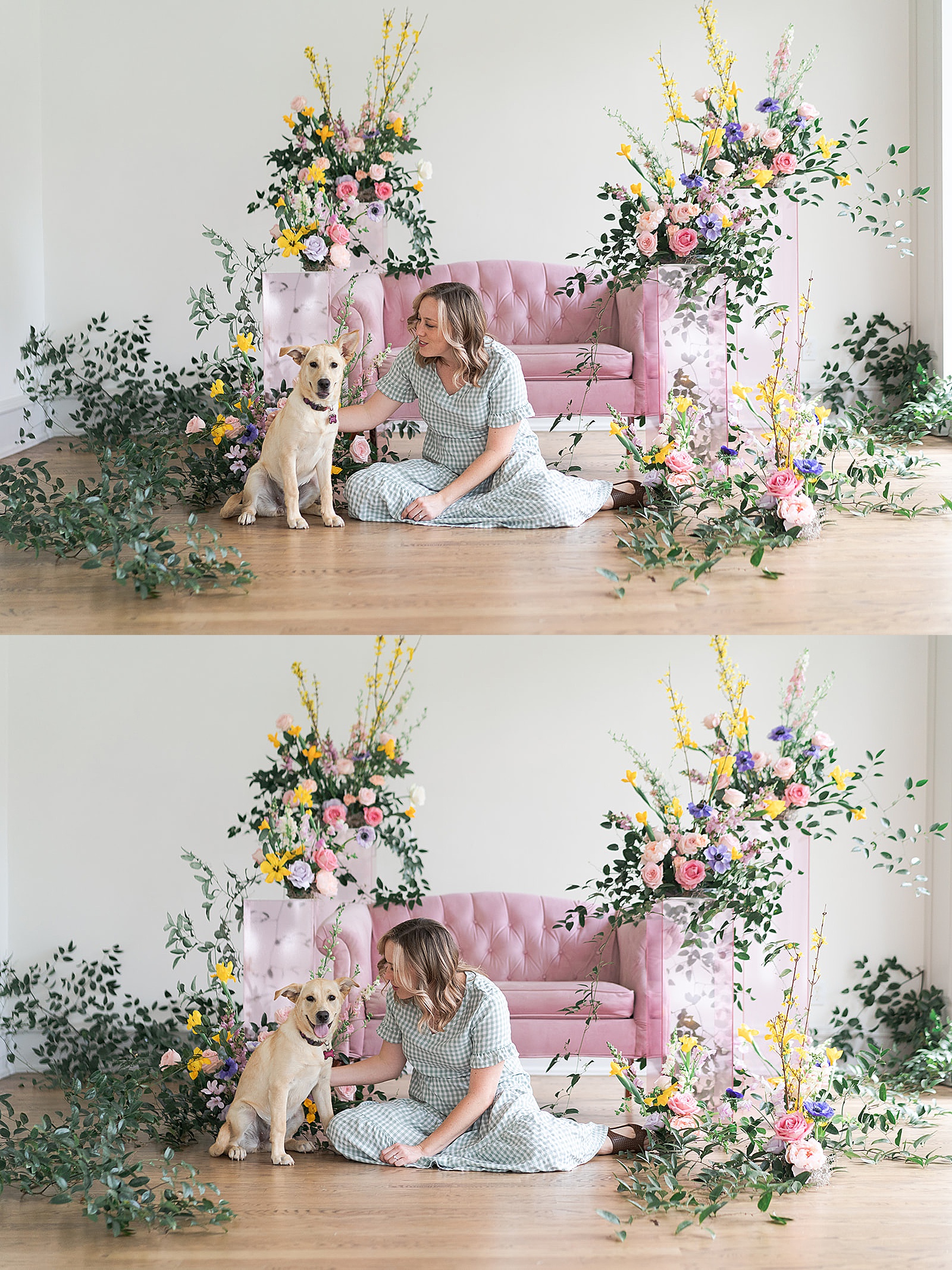 Colorful floral installations surround woman and her dog by Amanda Bee’s Floral Design
