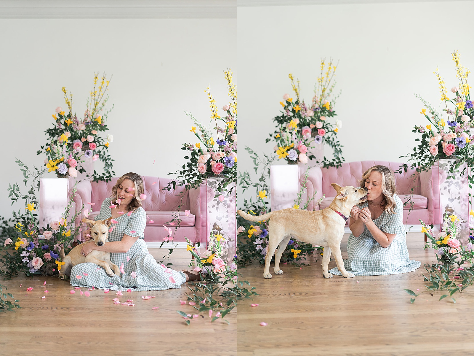 Woman sits in front of pink couch cuddling her dog surrounded by gorgeous floral installations by Houston’s Best Wedding Photographers