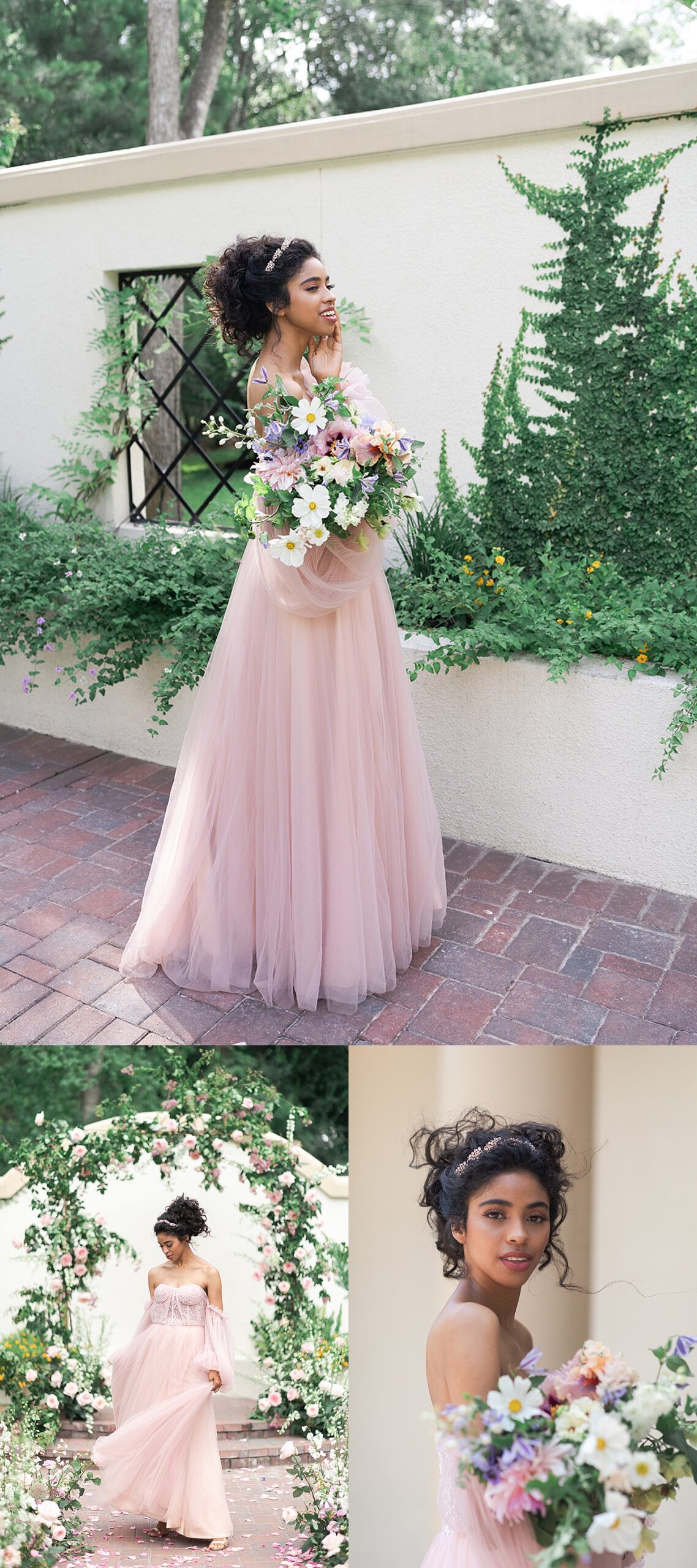 Stunning floral installations perfectly compliments woman's pink gown by Amanda Bee’s Floral Design