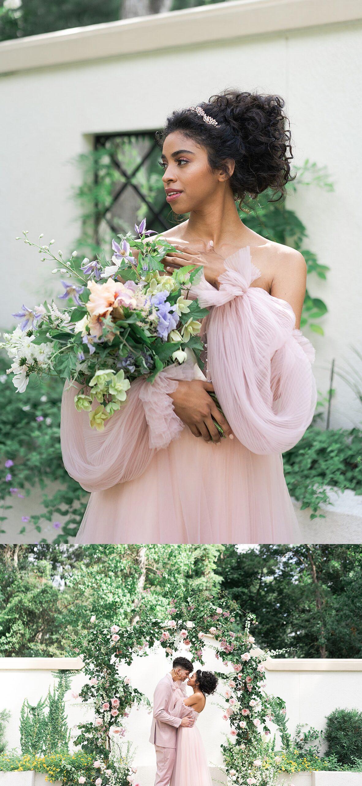 Stunning bride and couple wear blush-toned colors surround by floral installations by Swish & Click Photography