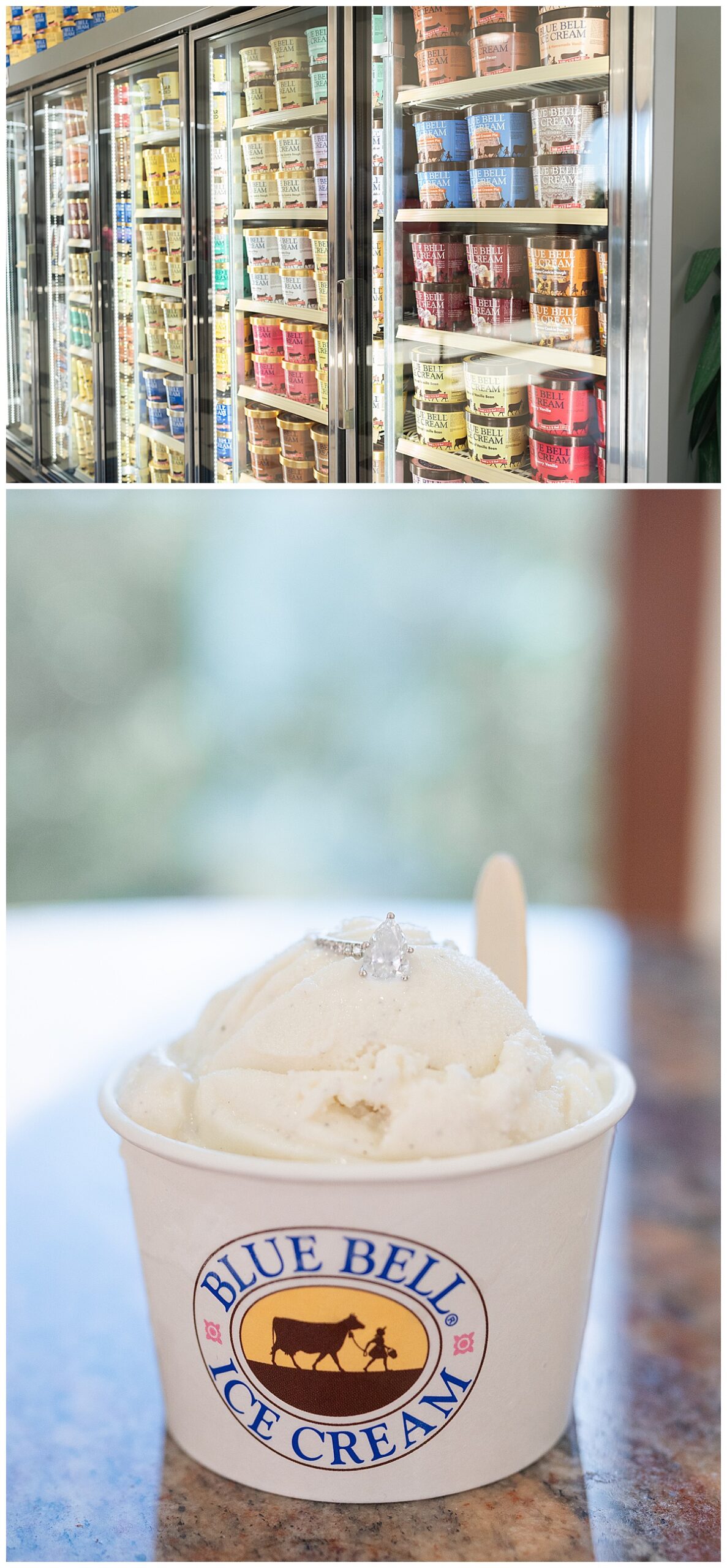 Ice cream tubs and ice cream in cups for Blue Bell Engagement Session
