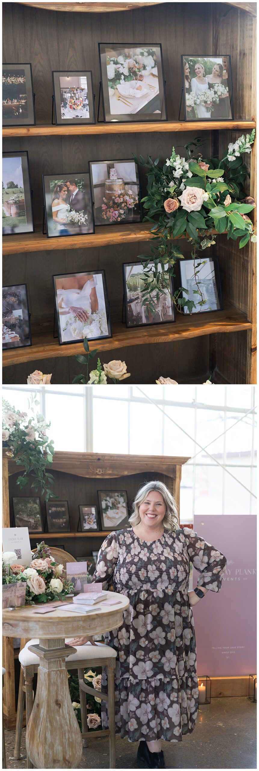 Woman stands in front of framed photographs by Swish & Click Photography