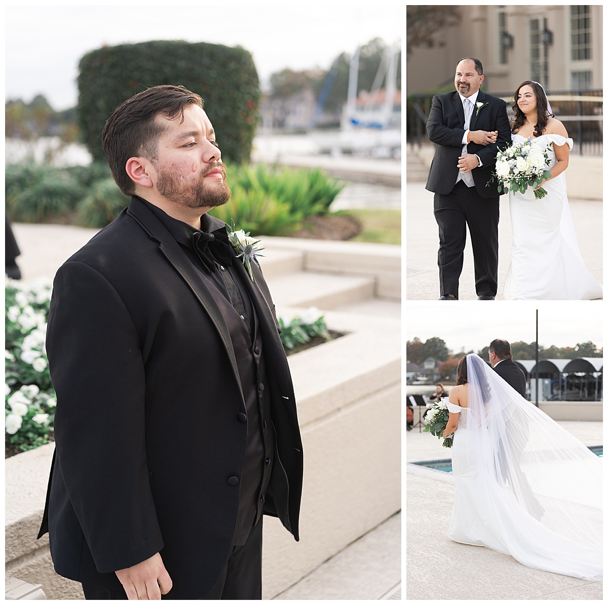 Groom sees bride walking down the aisle for wedding at Bentwater Yacht and Country Club