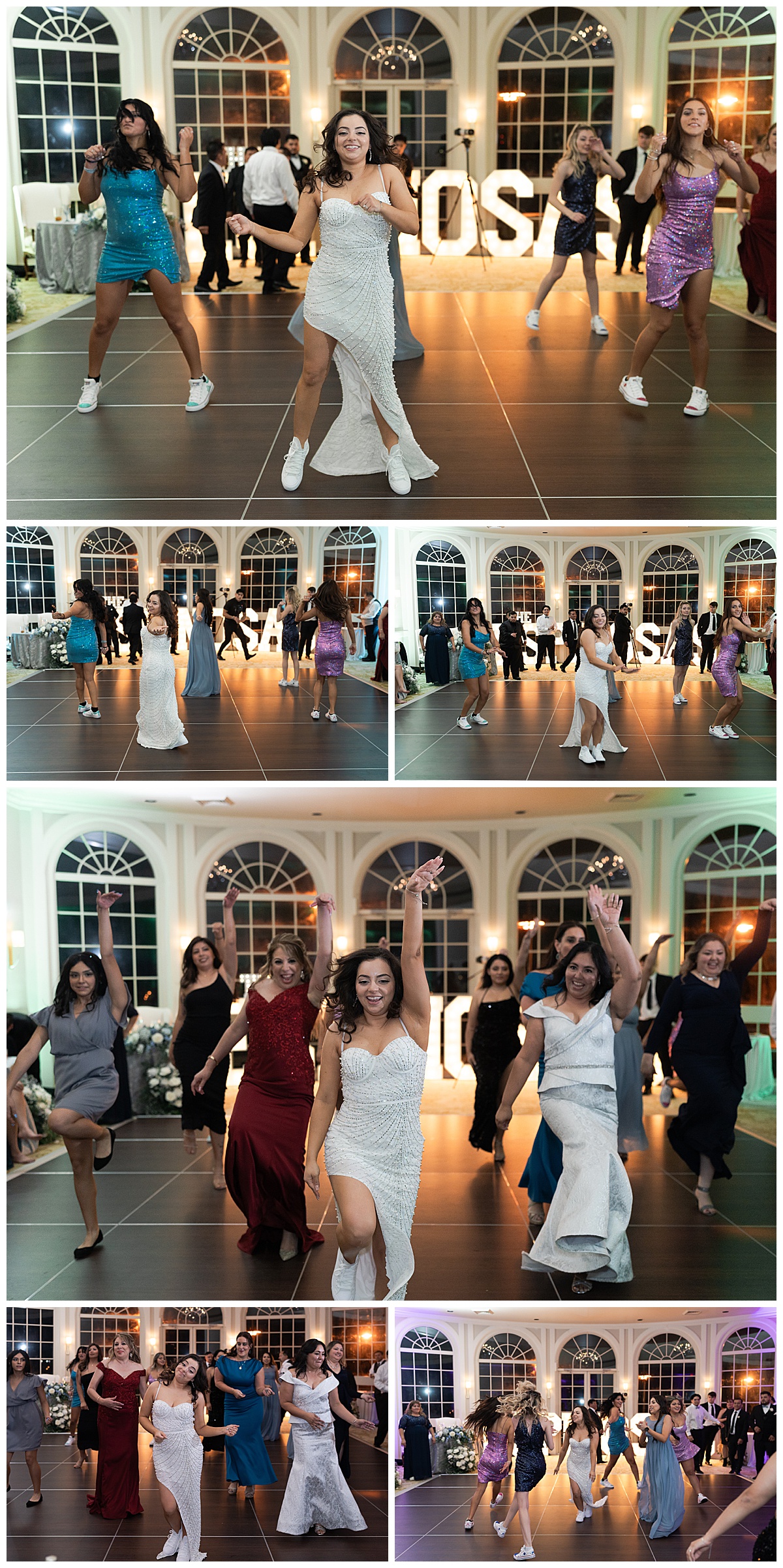 Family and friends dance together with bride for Swish & Click Photography