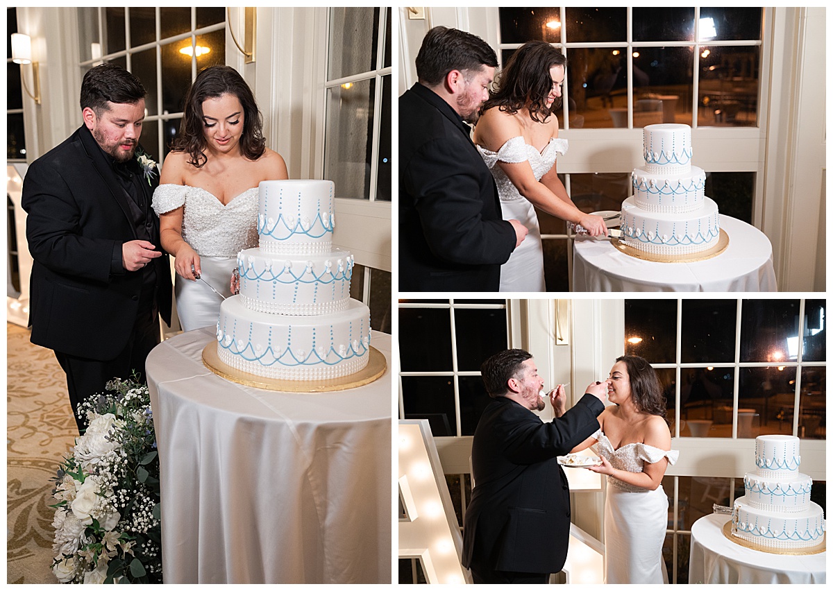 Bride and groom cut into wedding cake for Swish & Click Photography