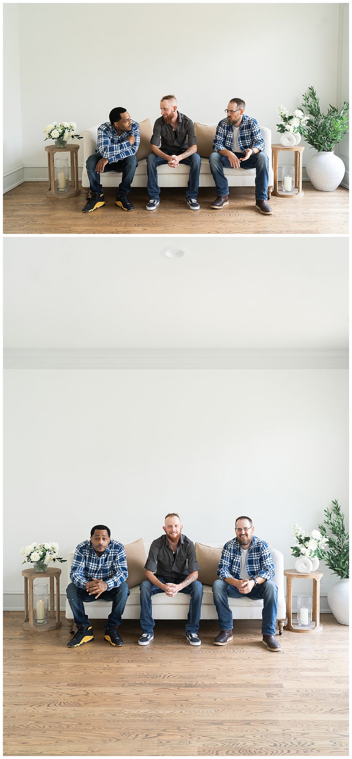 Men sit on couch together for Swish & Click Photography