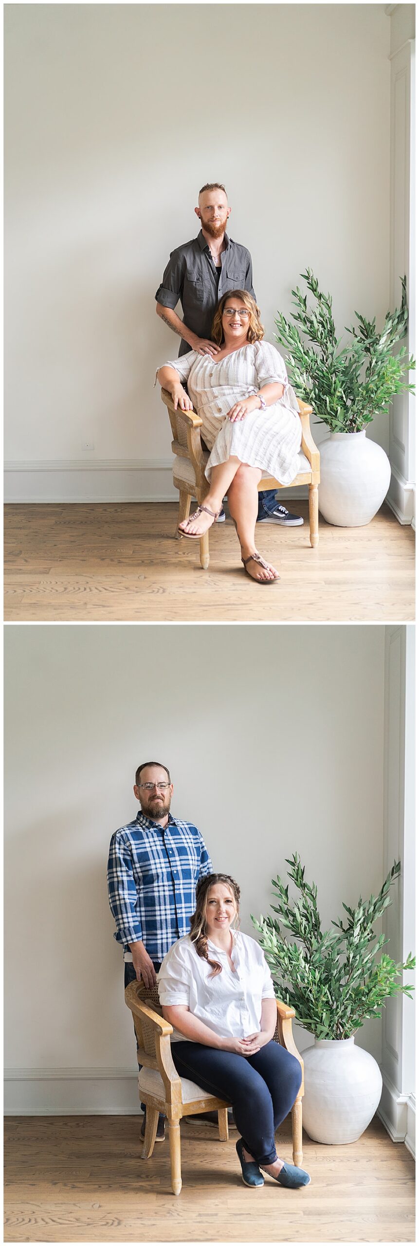 Two people sit on a chair for Swish & Click Photography
