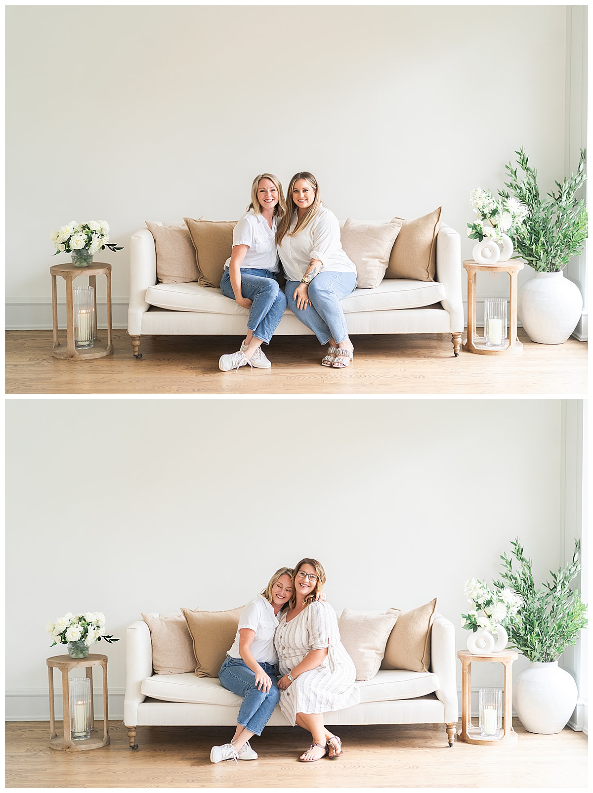 Two women sit together on a couch during a Branding Session for College Park Flowers