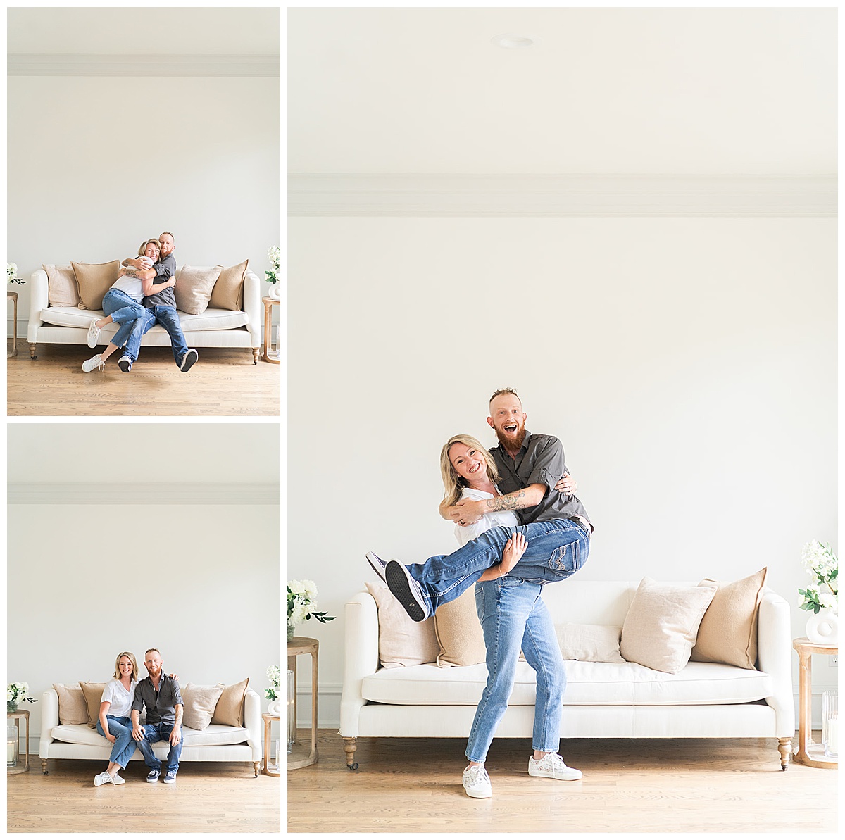 Two people are playful together on a couch for  Houston’s Best Wedding Photographers