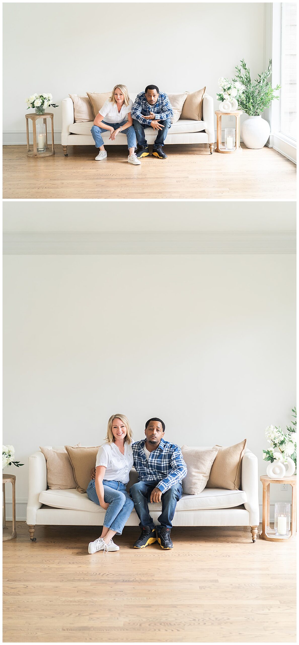Man and woman sit on a couch for Swish & Click Photography
