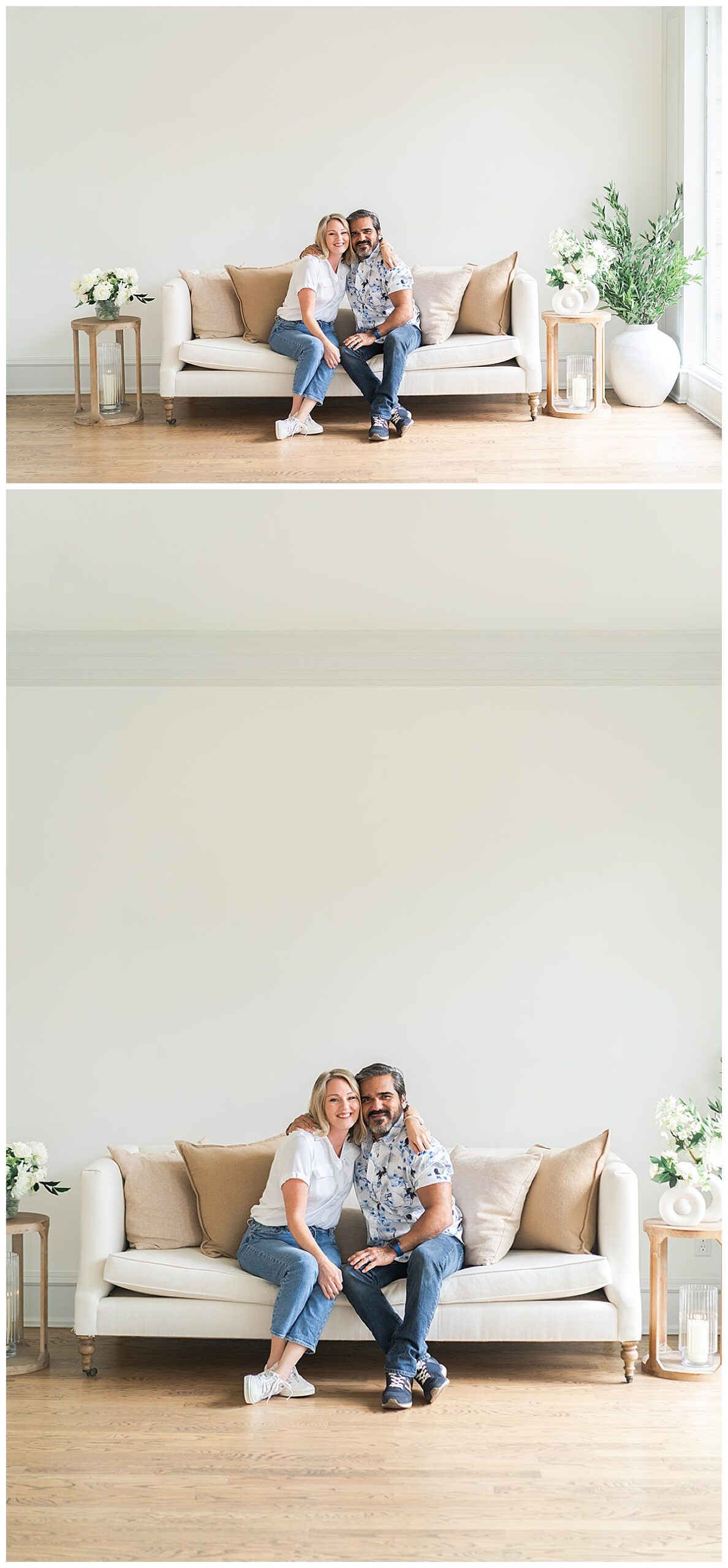 Two people sit on a couch together for  Houston’s Best Wedding Photographers