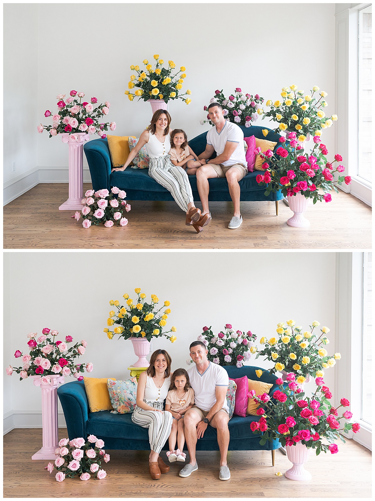 Family sits together on the couch during Fun and Bright Spring Minis