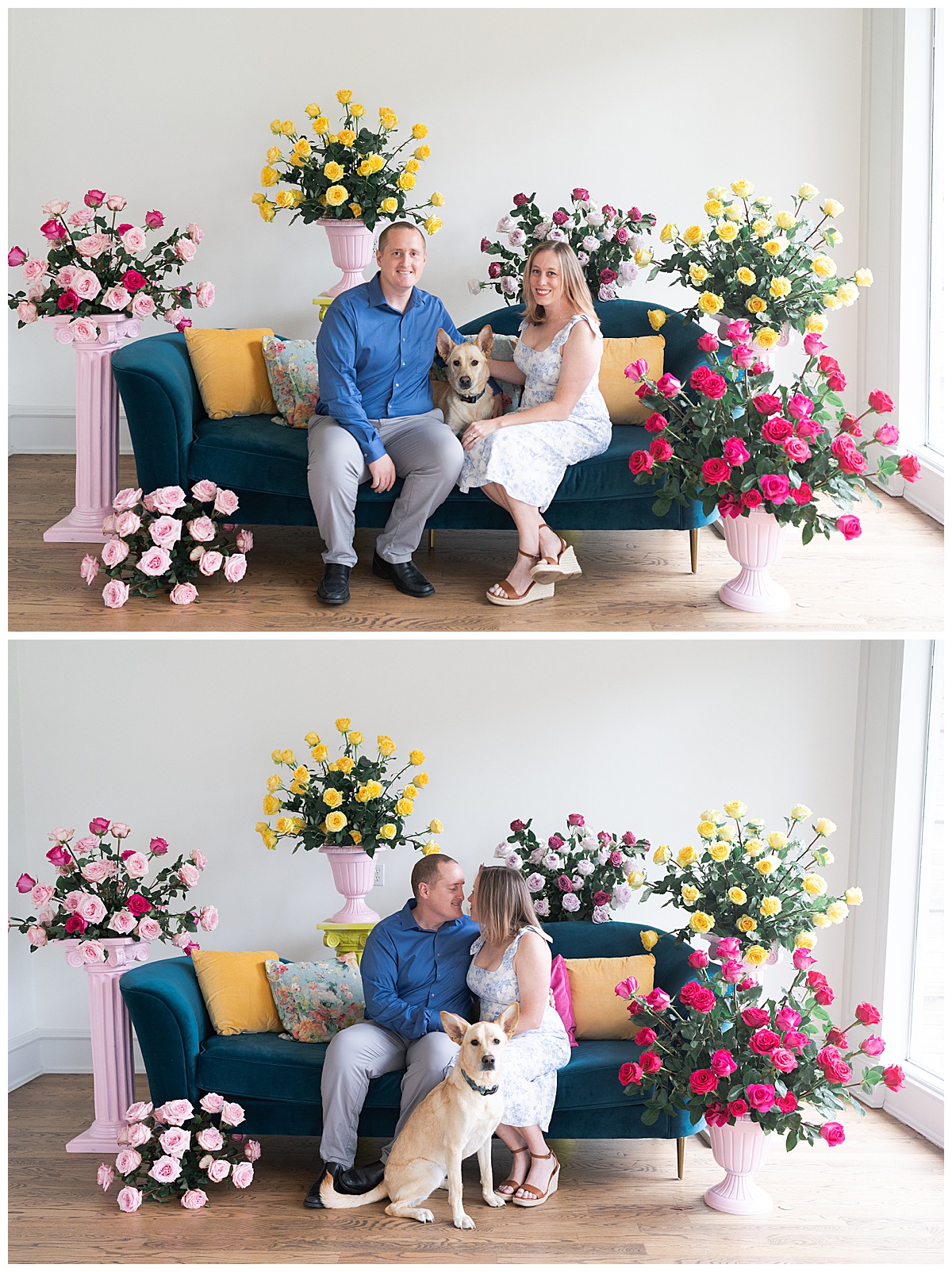 Couple sitting on the couch during their Fun and Bright Spring Minis