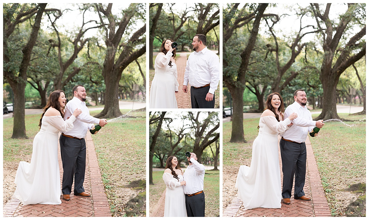 Couple pop champagne together during their Boulevard Oaks Engagement Session
