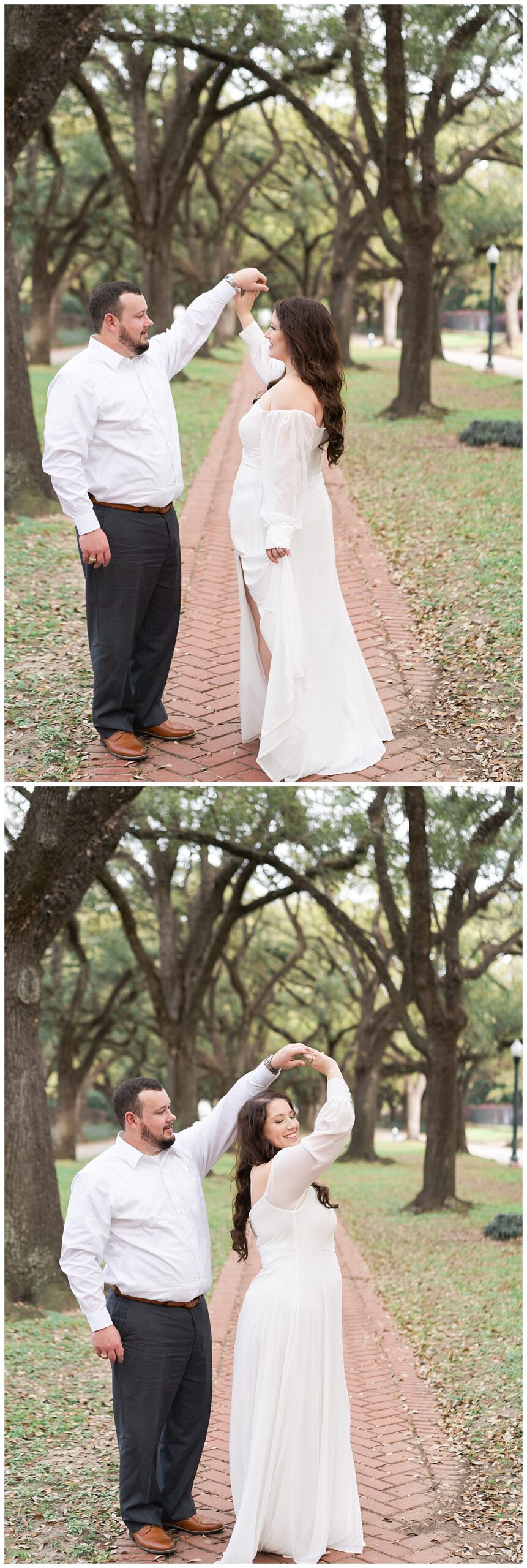 Couple dance together during their Boulevard Oaks Engagement Session