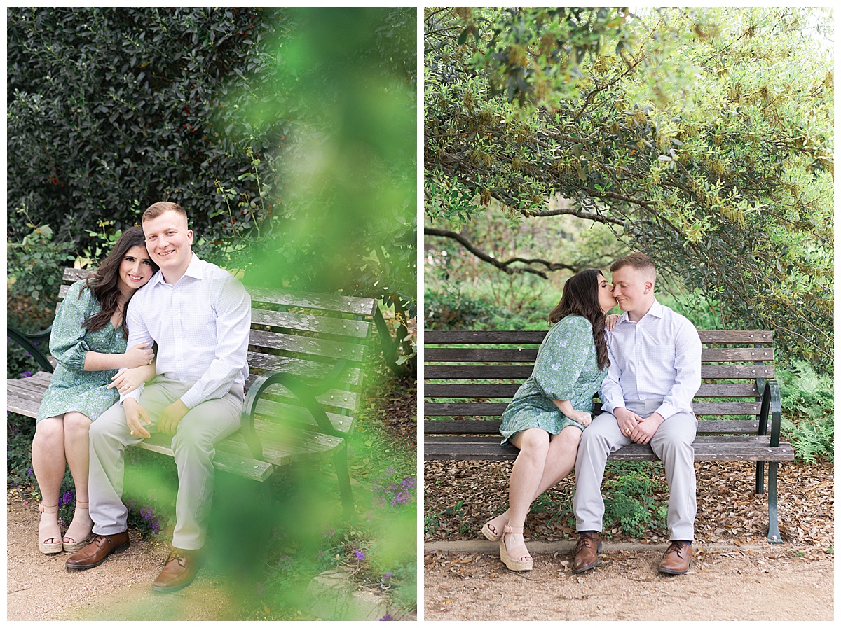 Couple sit together on the bench for McGovern Centennial Gardens Engagement Photographer