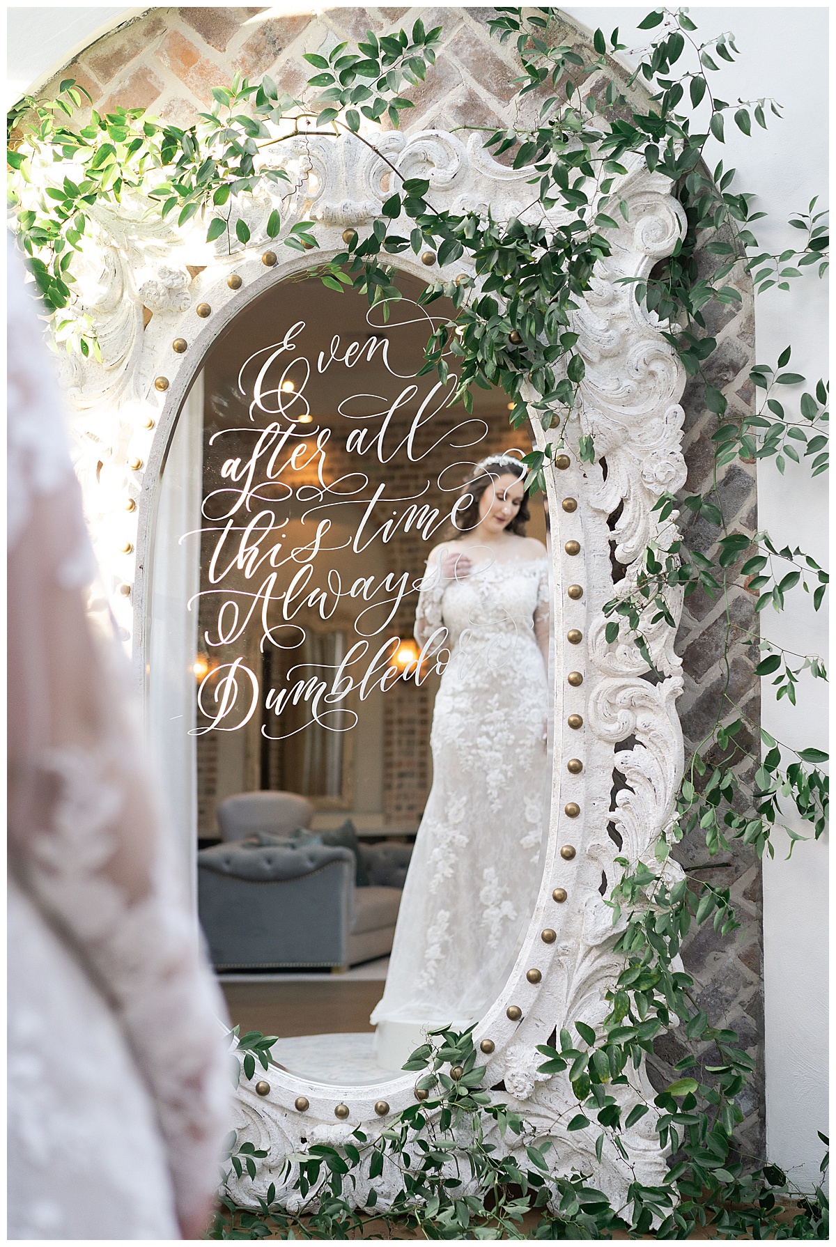 Bride stands in front of custom wedding mirror for Swish & Click Photography